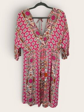 Pink Boho Paisley V-Neck Dress
